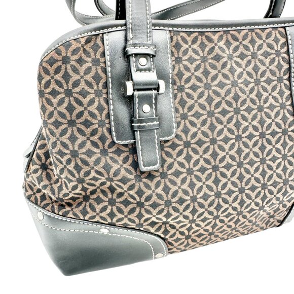 Relic Brown Geometric Pattern Handbag Black Faux Leather Trim Double Handles - Picture 2 of 12